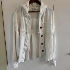 Better Together Womens White Mixed Media Waffle Knit Hooded Shacket TK5066 Large